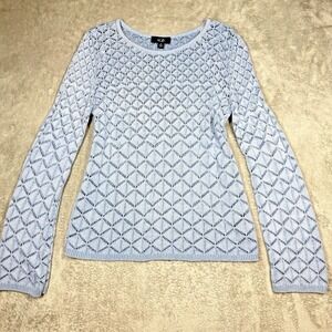 AGB Blue Open Knit Sweater Women Medium Lightweight Boho Minimalist Long Sleeve